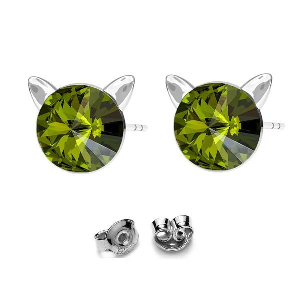 Green Little Miss Kitty Stud Silver Earrings - Personalised Sterling Silver Jewellery Ireland. Birthstone necklace. Shop Local Ireland - Ireland "Feline Sparkle" Sterling Silver Cat Silhouette Stud Earrings in Green