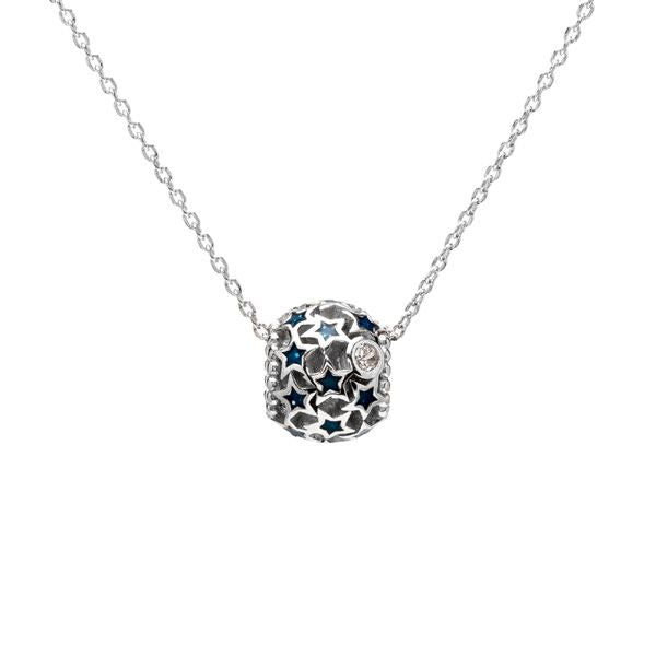 Celestial Silver Ball Pendant Necklace with Star and Crystal Encrustations