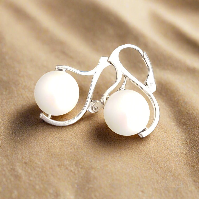 Classic Pearl Drop Earrings in Sterling Silver Leverbacks with Frosted White Pearl