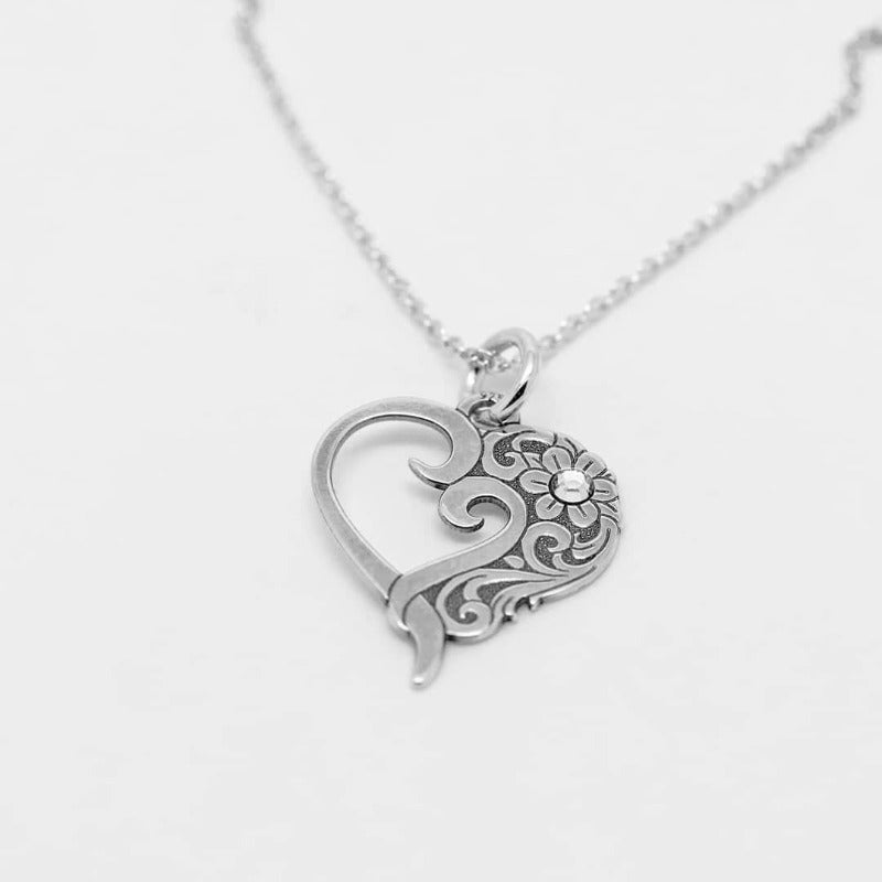 Close-up of Filigree Heart Pendant with Austrian Crystal Silver Necklace for Valentine's Day