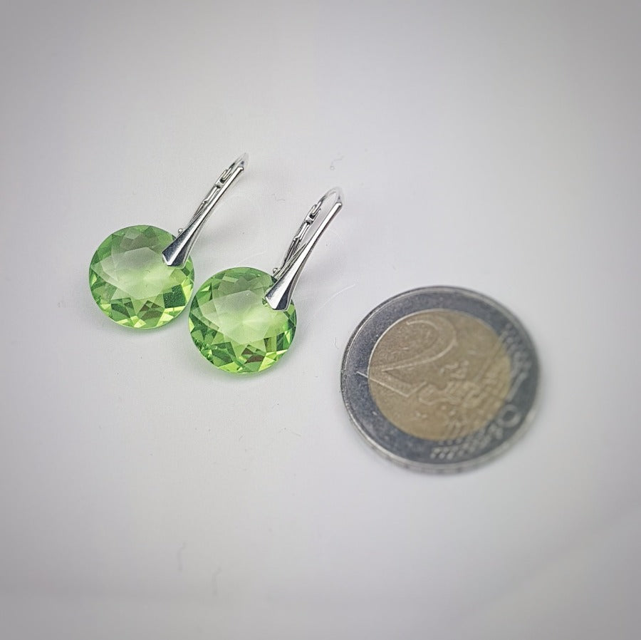 Close-up of Round Diamond-Shaped Peridot Crystal Drop Earrings