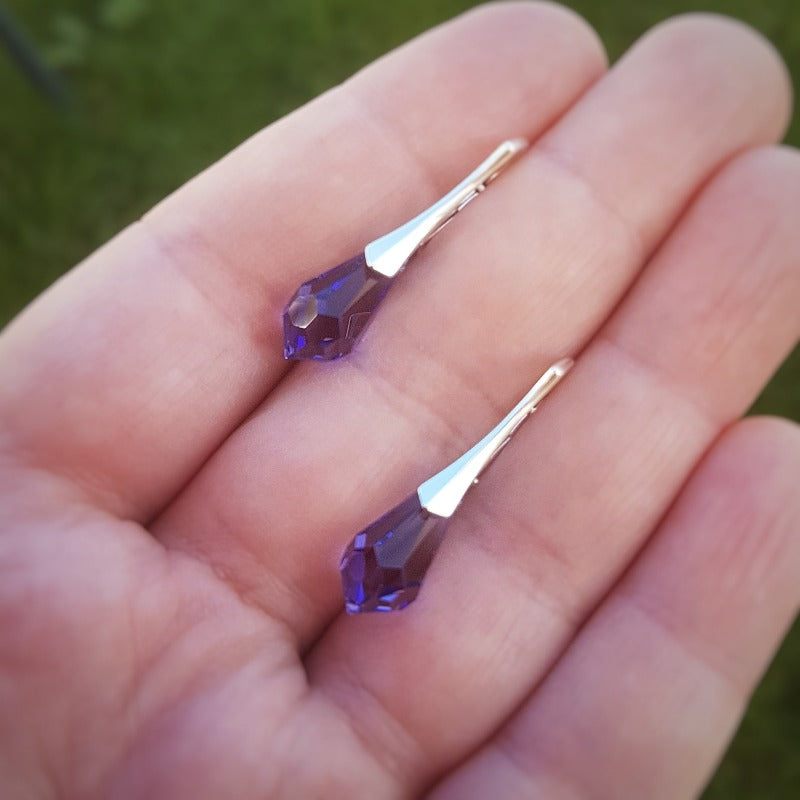 Close-up of Tanzanite Teardrop Crystal Drop Earrings with 925 Sterling Silver Leverbacks