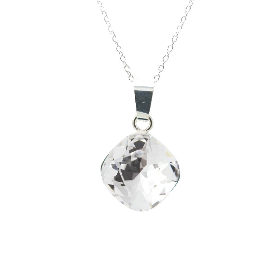 Close-up of Cushion-Cut Crystal Pendant on Fine Chain with Crystal Clear Cushion Crystal