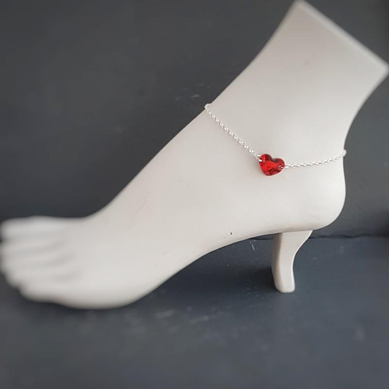 Sparkling Crystal Heart Anklet Bracelet - Handcrafted 925 Sterling Silver - Red Heart Crystal - Handmade in Ireland