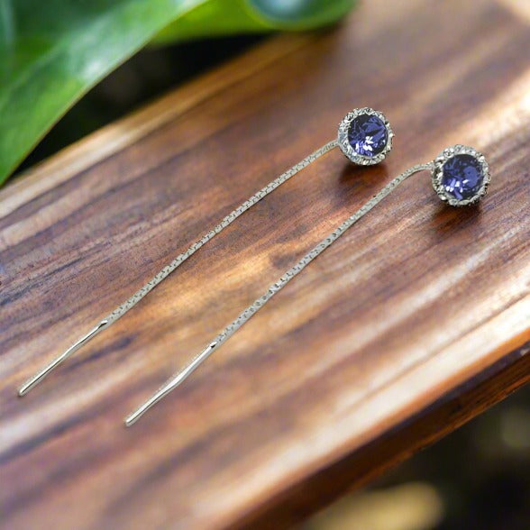 Dazzling Daisy Threader Earrings in Sterling Silver with Tanzanite Purple Crystals and Moonlight Halo