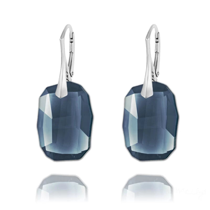 Large Denim Blue Crystal Earrings in Sterling Silver Leverback, Irish Handmade for Women from Ireland