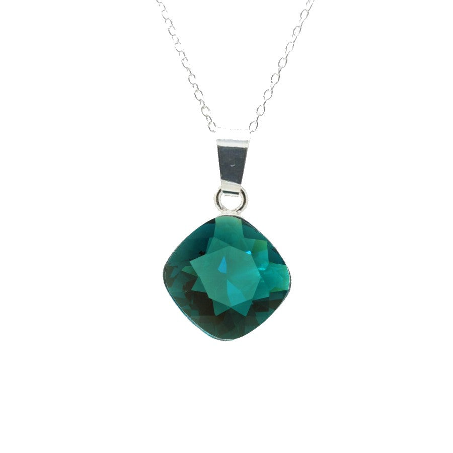 Close-up of Cushion-Cut Crystal Pendant on Fine Chain with Emerald Green Cushion Crystal