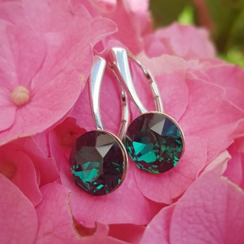 Emerald Green Round Chaton Crystal Drop Earrings in Sterling Silver by Magpie Gems in Ireland