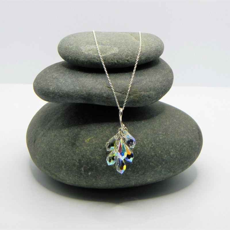 Enchanting Sterling Silver Multi-Teardrop Necklace with Aurora Borealis Crystals