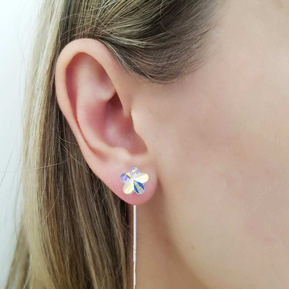 Woman wearing the Flower Crystal Silver Threader Earrings in Crystal AB