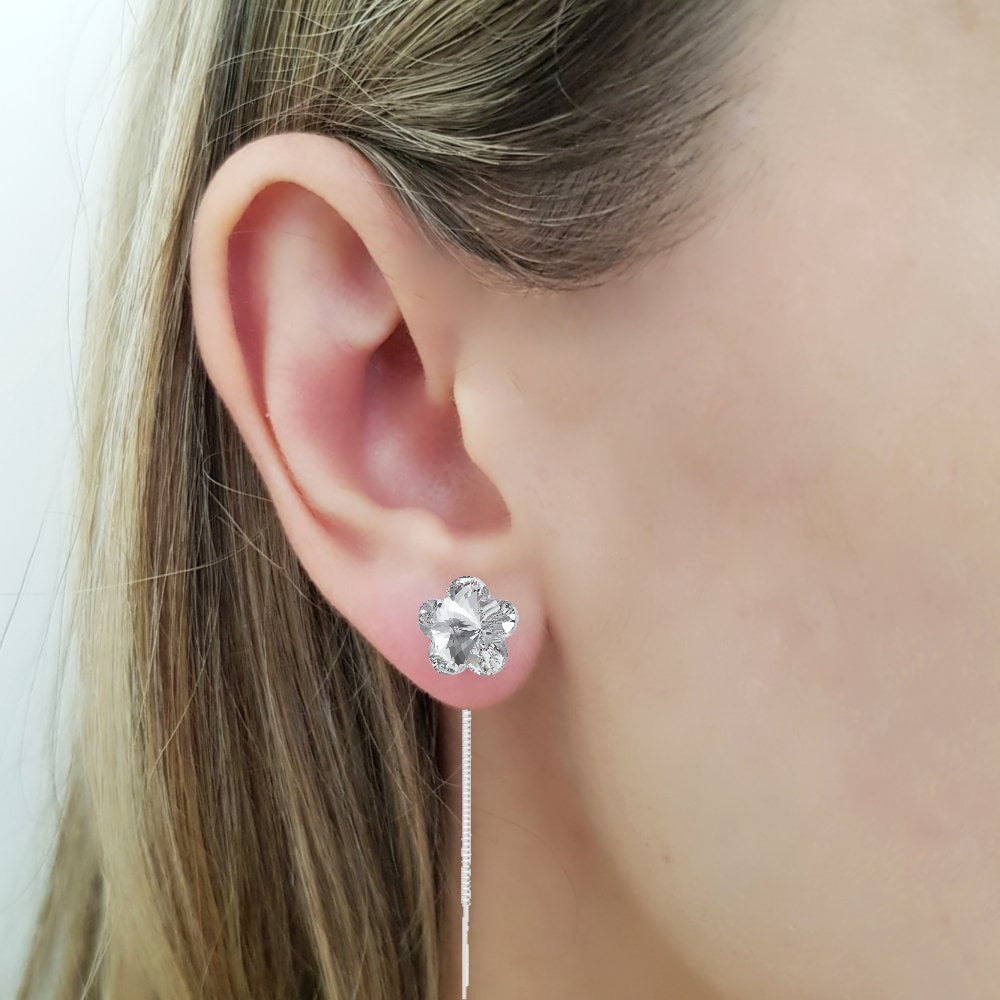 Model Wearing a Pair of Flower Crystal Silver Threader Earrings with Crystal Clear Flowers, made in Ireland by Magpie Gems