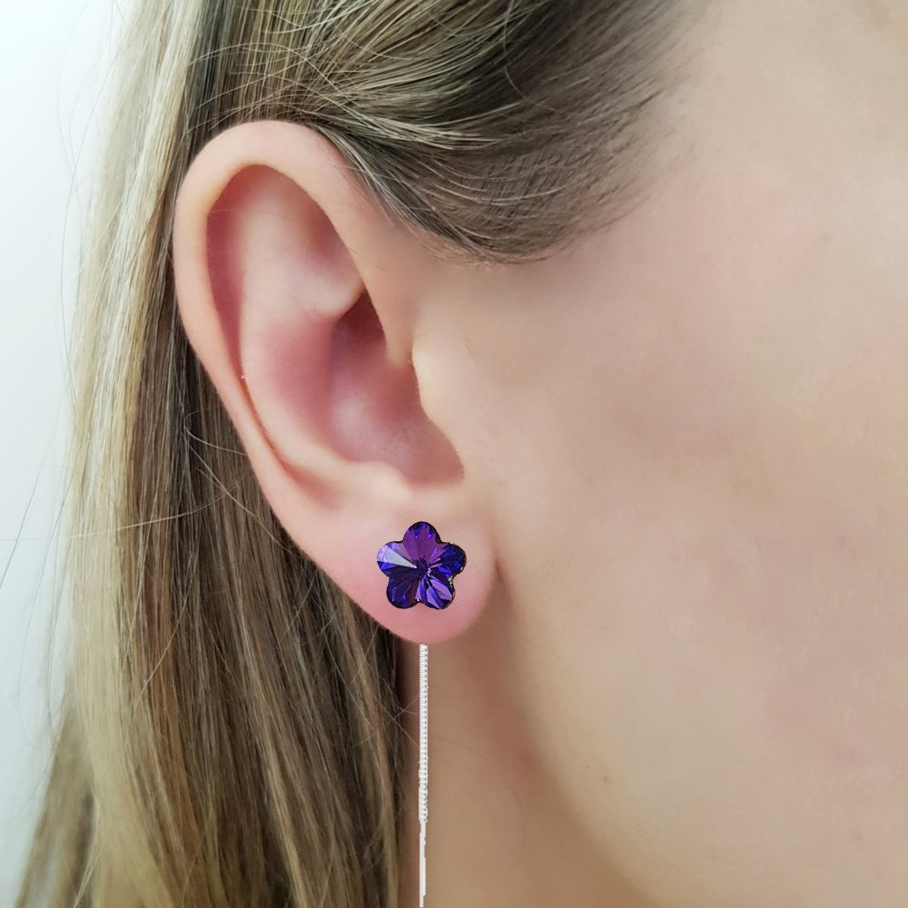 Heliotrope Purple Flower Crystal Silver Threader Earrings  handmade in Ireland by Magpie Gems