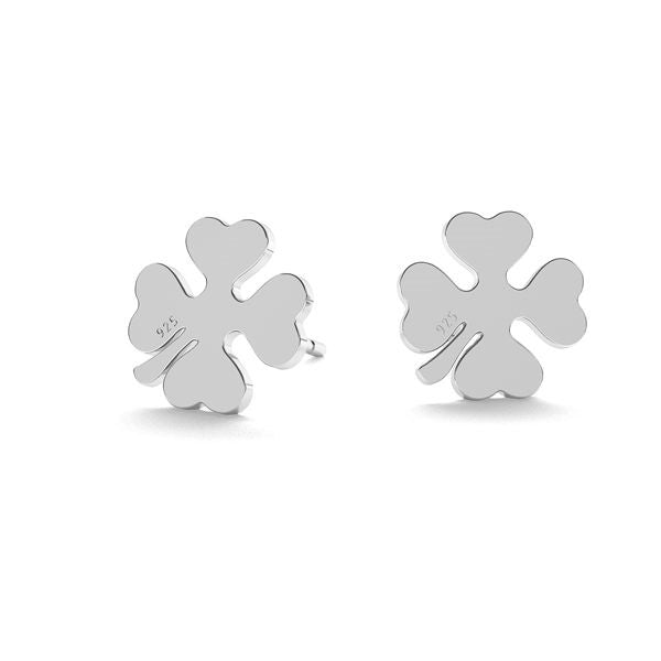 Pair of Four-Leaf Clover Silver Stud Earrings displayed on a white background, highlighting their elegant charm, by Magpie Gems in Ireland