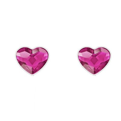 Little Miss Love Heart Crystal Silver Stud Earrings in Fuchsia Pink for Girls, Teens, and Adults