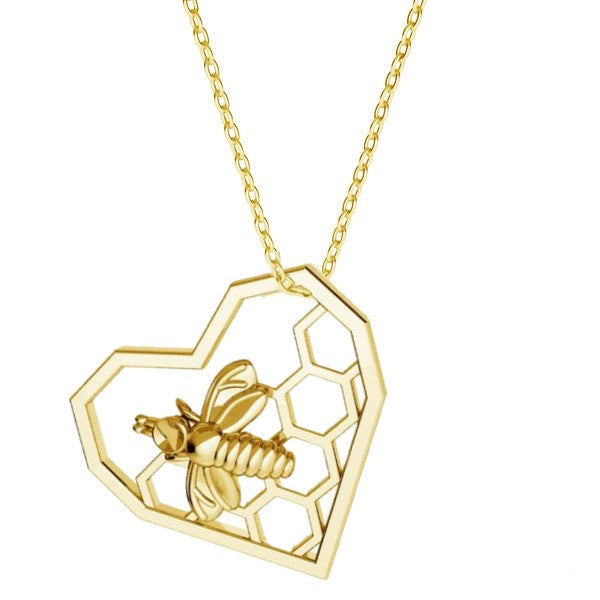 Gold Heart Pendant Necklace with honeycomb and bee design from Ireland