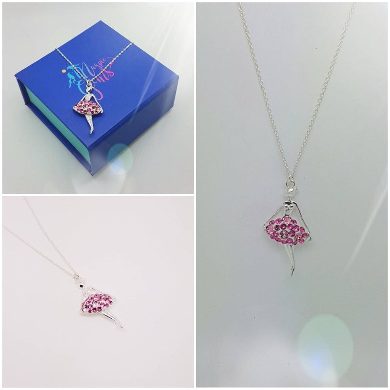 Graceful Sterling Silver Ballerina Dancer Necklace with Pink Crystal Skirt for Girls or Women