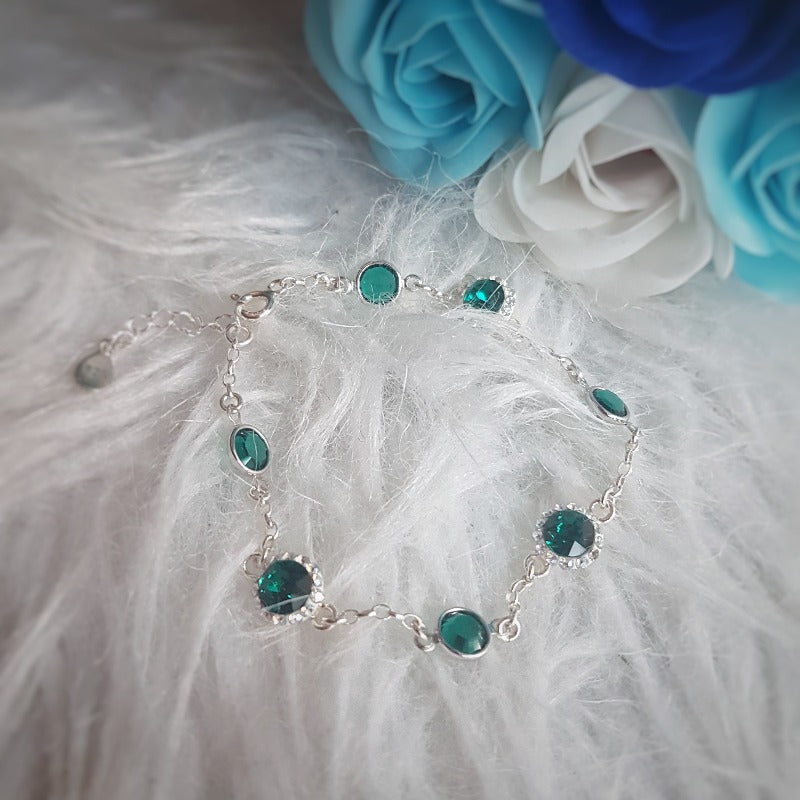 Handcrafted Sterling Silver Link Bracelet with Emerald Green and Moonlight Accents