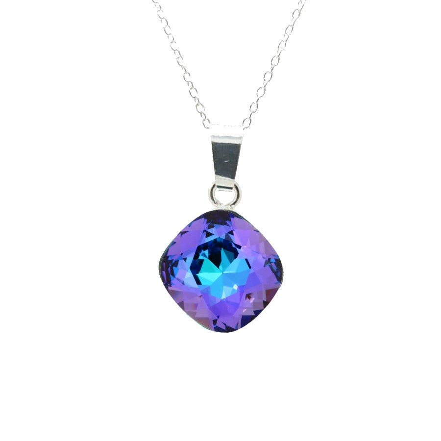 Close-up of Cushion-Cut Crystal Pendant on Fine Chain with Heliotrope Purple  Cushion Crystal