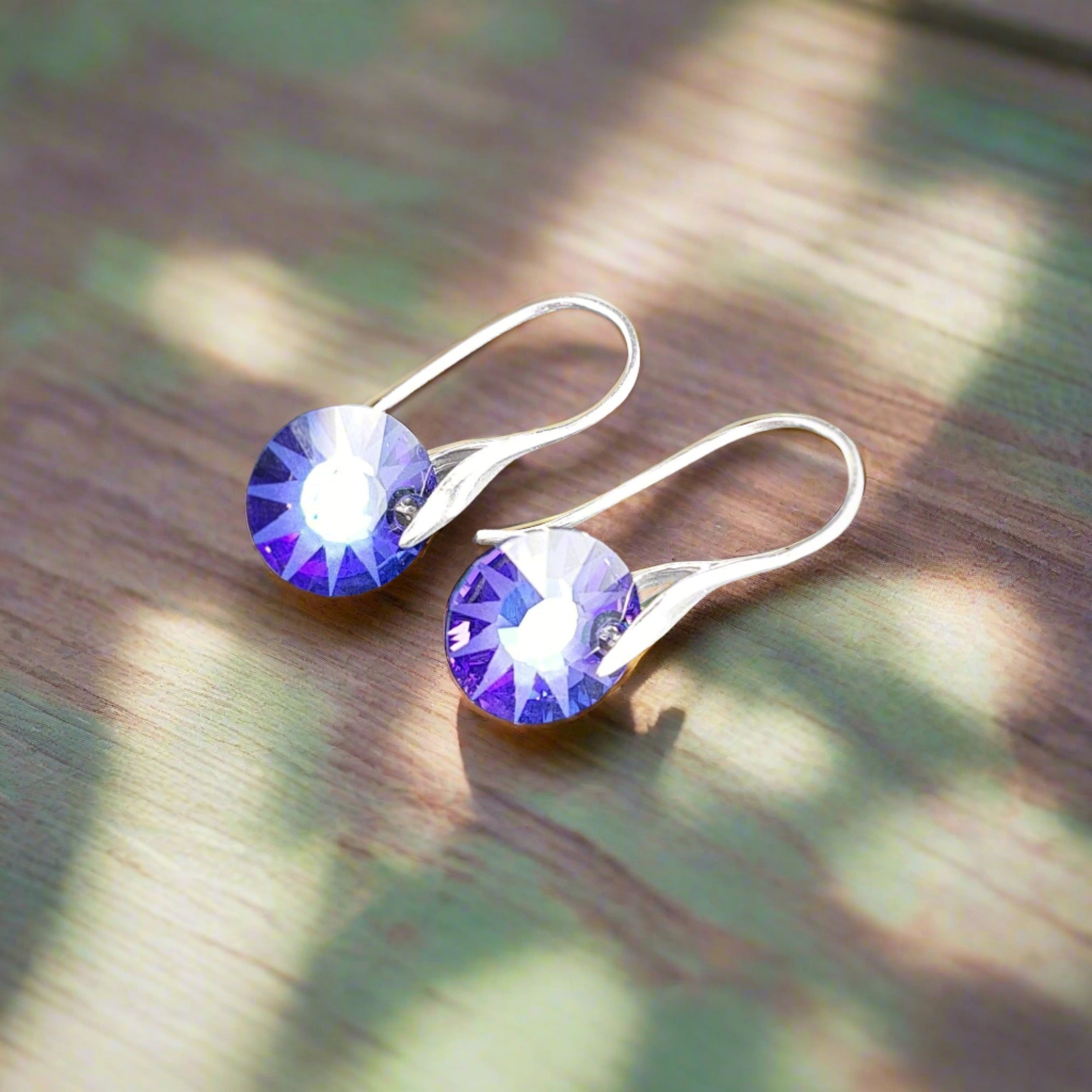 Purple Heliotrope Sun Crystal Drop Earrings in Sterling Silver - Close-up