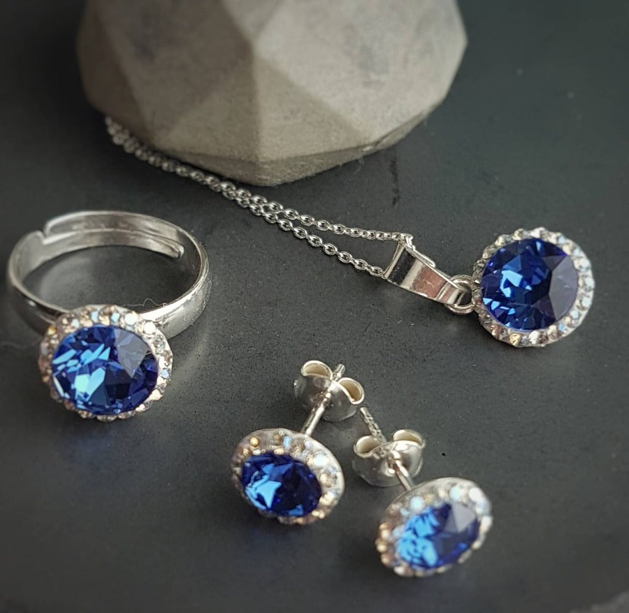 Blue Pave Style Jewellery Stud Earrings, Necklace and Adjustable Ring set with Austrian crystals and sterling silver - Made in Ireland, [product type], - Personalised Silver Jewellery Ireland by Magpie Gems