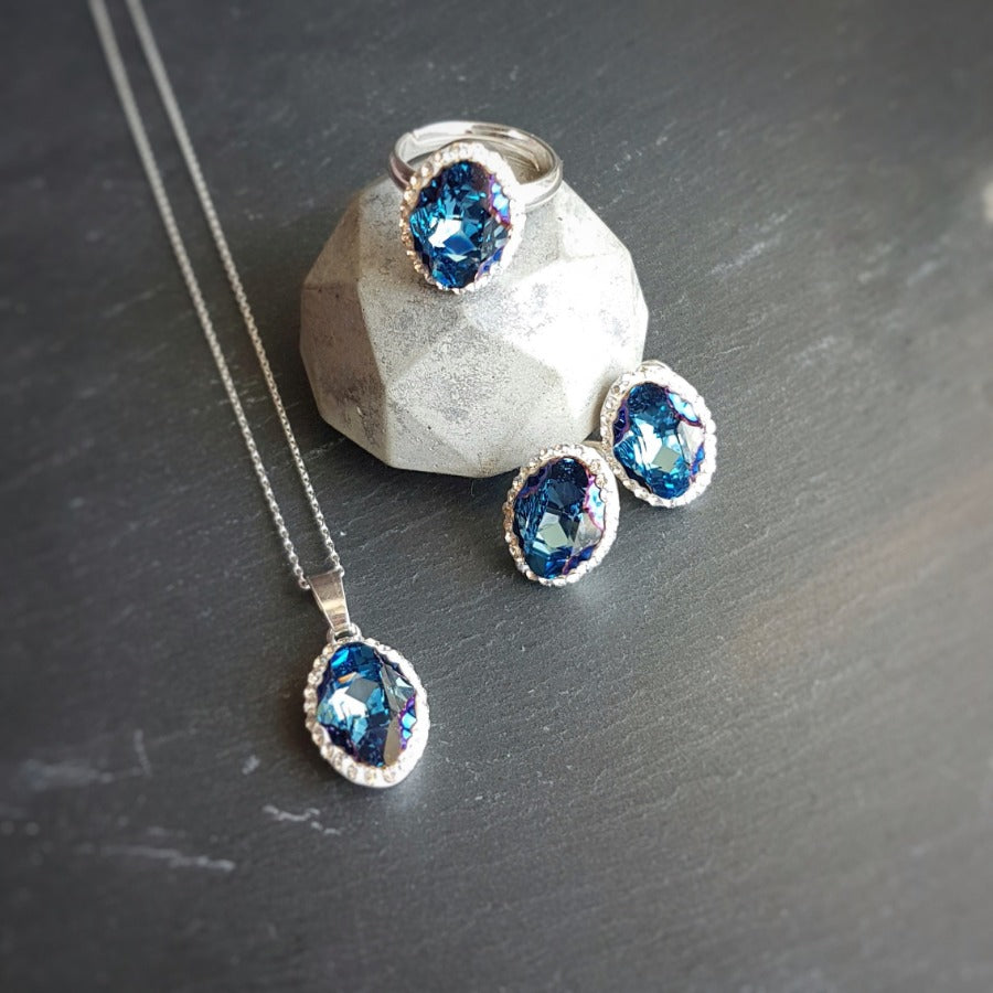 Blue Pave Style Oval Jewellery Set, [product type], - Personalised Silver Jewellery Ireland by Magpie Gems