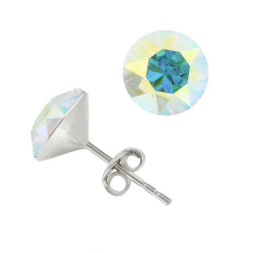 Sterling Silver Stud Earrings with 8mm Crystal AB Diamond-Cut Chaton Crystals – Iridescent Sparkle for Any Occasion