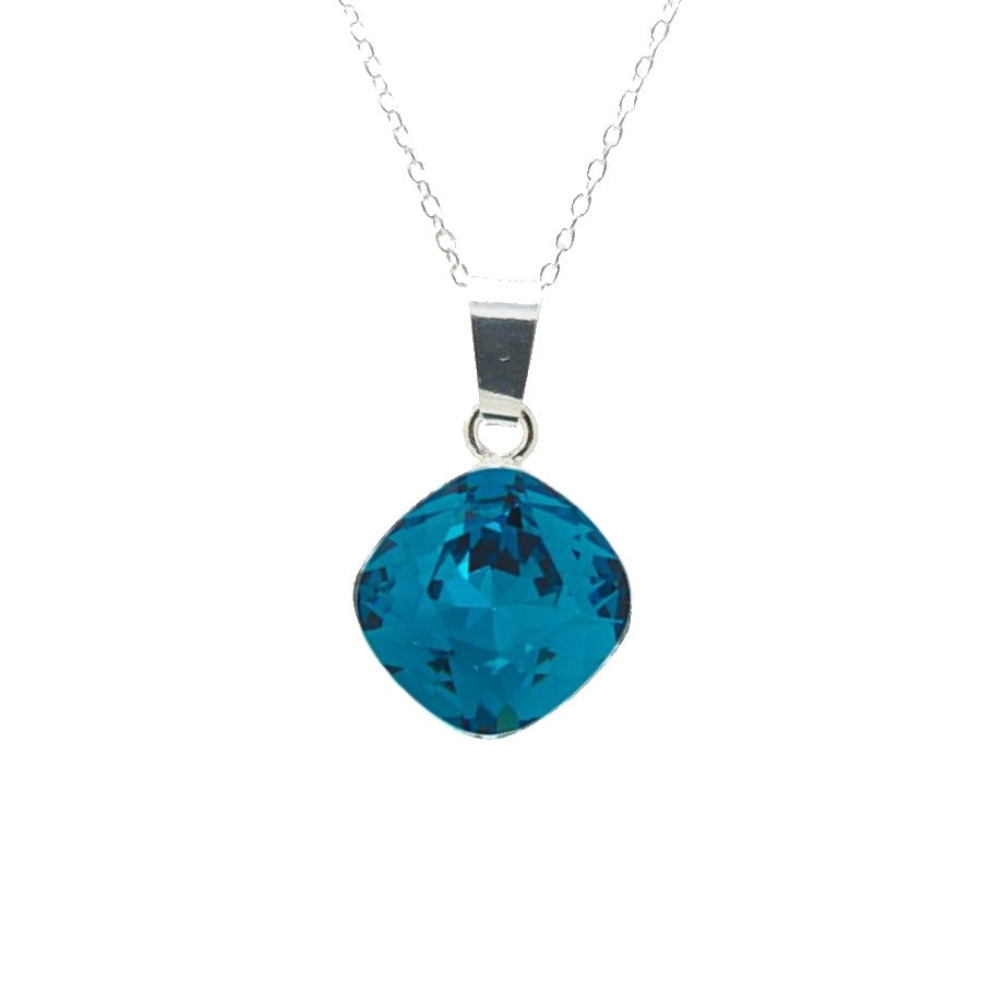 Close-up of Cushion-Cut Crystal Pendant on Fine Chain with Indicolite Blue Cushion Crystal