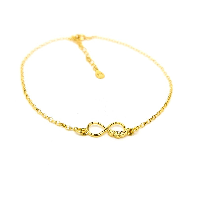 Gold Infinity Feather Anklet Bracelet - Handcrafted 24k Yellow Gold Plated Sterling Silver