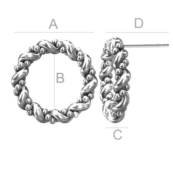 Close-up of braided hoop stud earrings in sterling silver with measurements