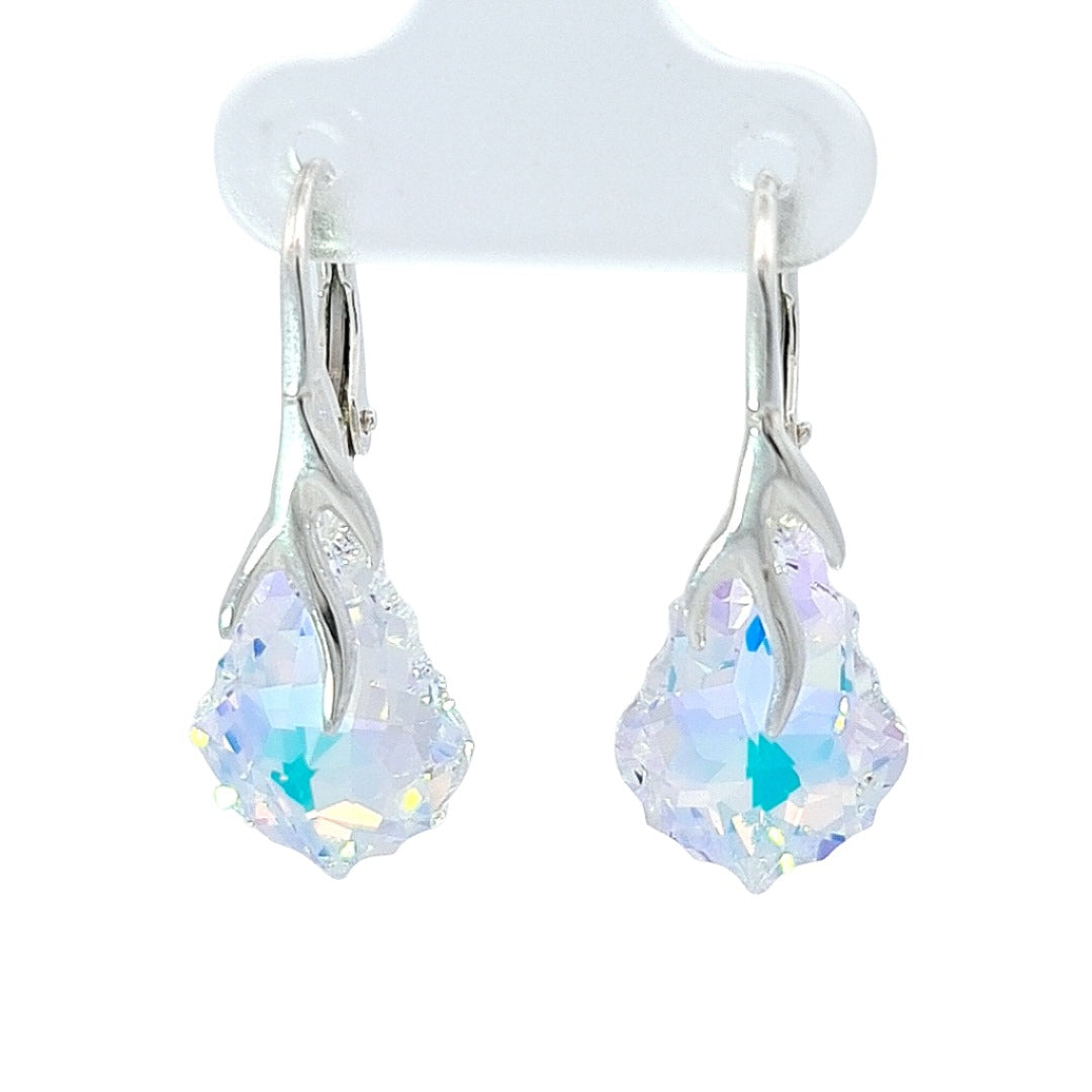 Irish Hand-Finished Sterling Silver Baroque Drop Earrings with Crystal AB Crystal Drop