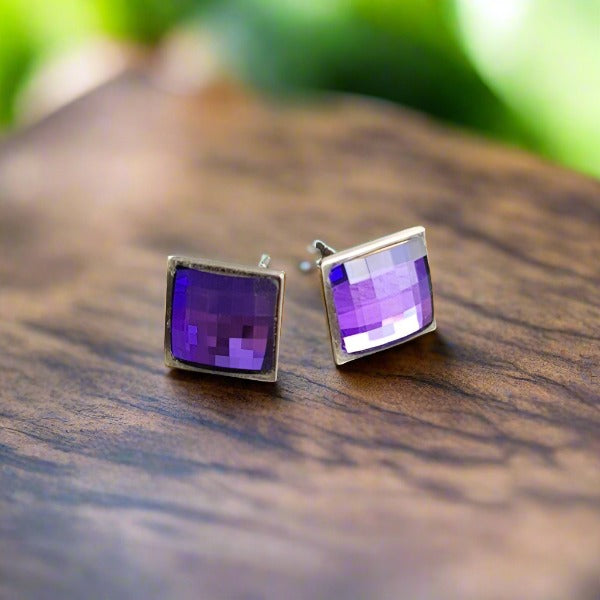 Irish Hand-Finished Sterling Silver Chessboard Crystal Stud Earrings with Purple