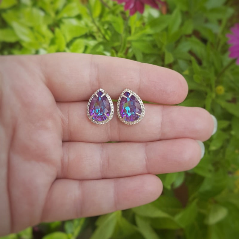 Dazzling Pear Stud Earrings in Sterling Silver with Large Purple Blue Crystals