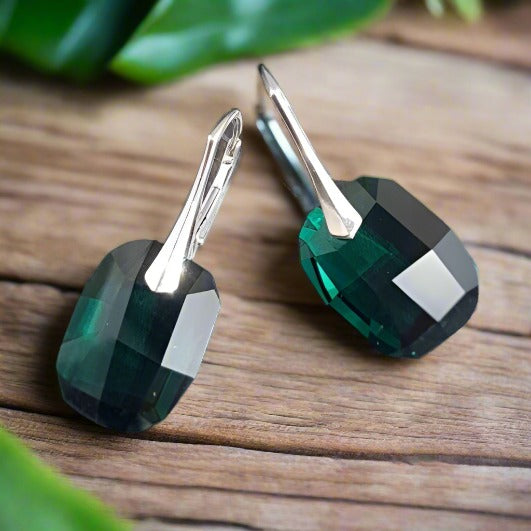 Large Graphic Emerald Green Crystal Earrings in Sterling Silver, [Graphic Emerald Silver 925 Leverback Earrings], - Personalised Silver Jewellery Ireland by Magpie Gems