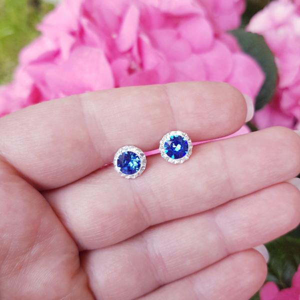 Daisy Hallo Stud Earrings Irish Handcrafted Sterling Silver Halo Stud Earrings with Sapphire Blue Crystal