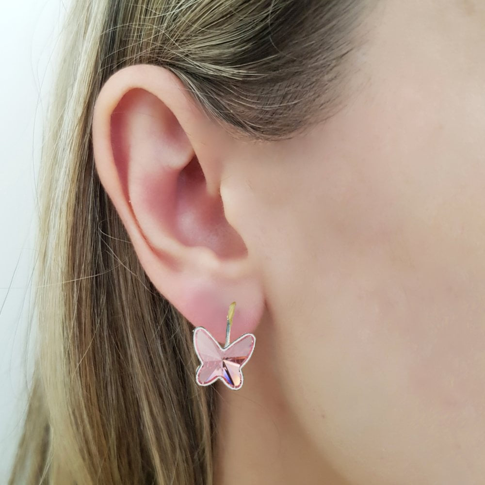 Elegant butterfly design, sparkling Austrian crystalstones, nickel-free sterling silver earrings. Perfect for sensitive ears. Gift box included.Colour Light Rose Pink