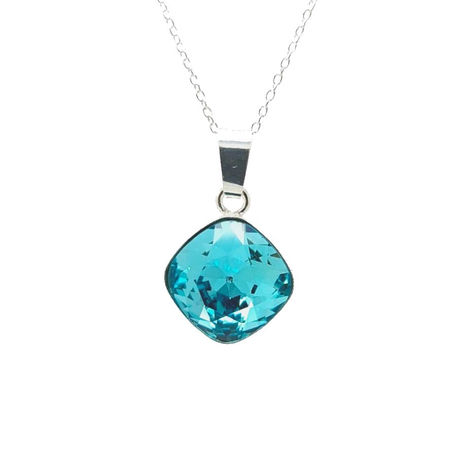 Close-up of Cushion-Cut Crystal Pendant on Fine Chain with light Turquoise Cushion Crystal