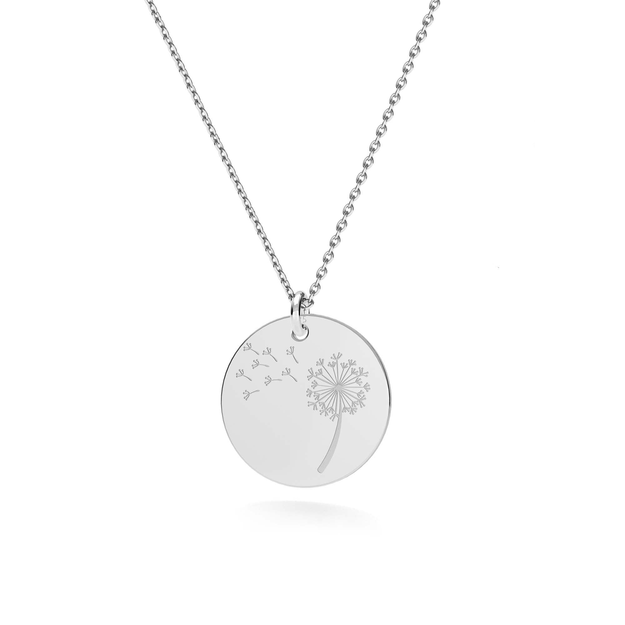 "Make a Wish" Sterling Silver Dandelion Disc Necklace for Girls and Women, hand-finished in Ireland.