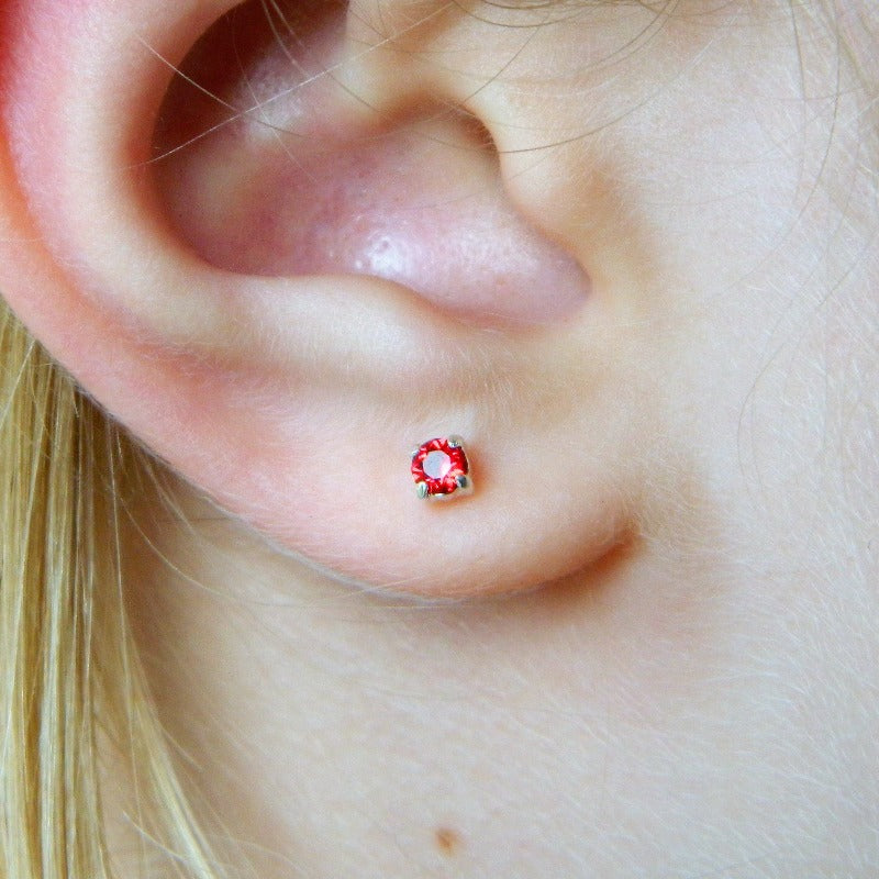 Light Siam Red 3mm solitaire crystal earrings for women and children, by Magpie Gems Online Jewellery shop in Ireland.