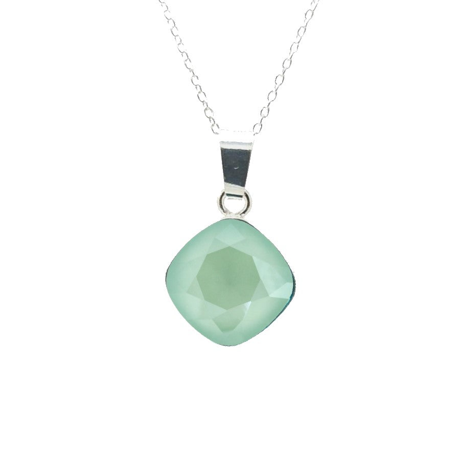 Close-up of Cushion-Cut Crystal Pendant on Fine Chain with Mint Green Cushion Crystal