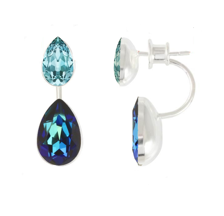 Modern Convertible Ear Jackets Silver Earrings with Aquamarine and Bermuda Blue Crystals