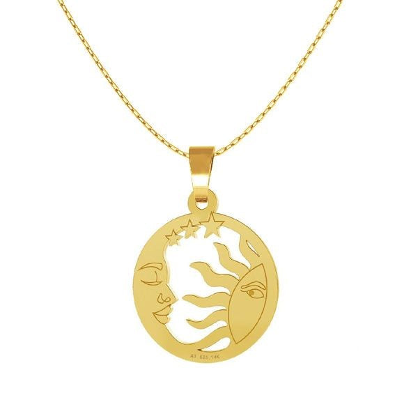 Delicate 14k Solid Gold Sun and Moon Pendant Necklace