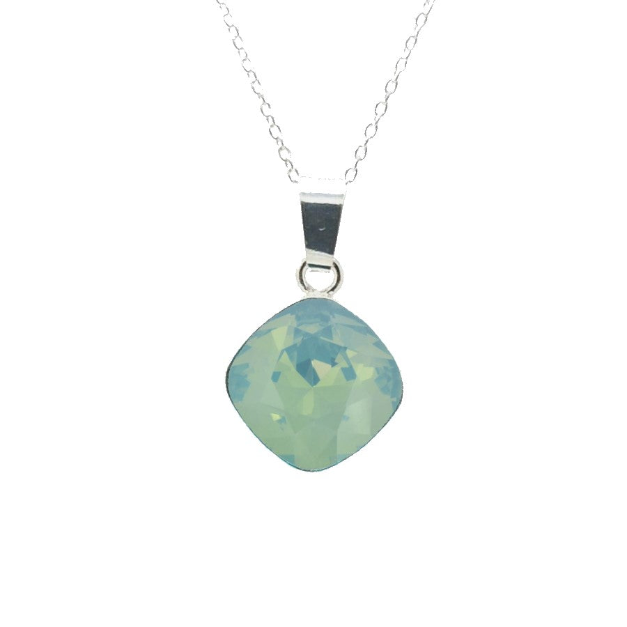 Close-up of Cushion-Cut Crystal Pendant on Fine Chain with Pacific Opal Cushion Crystal