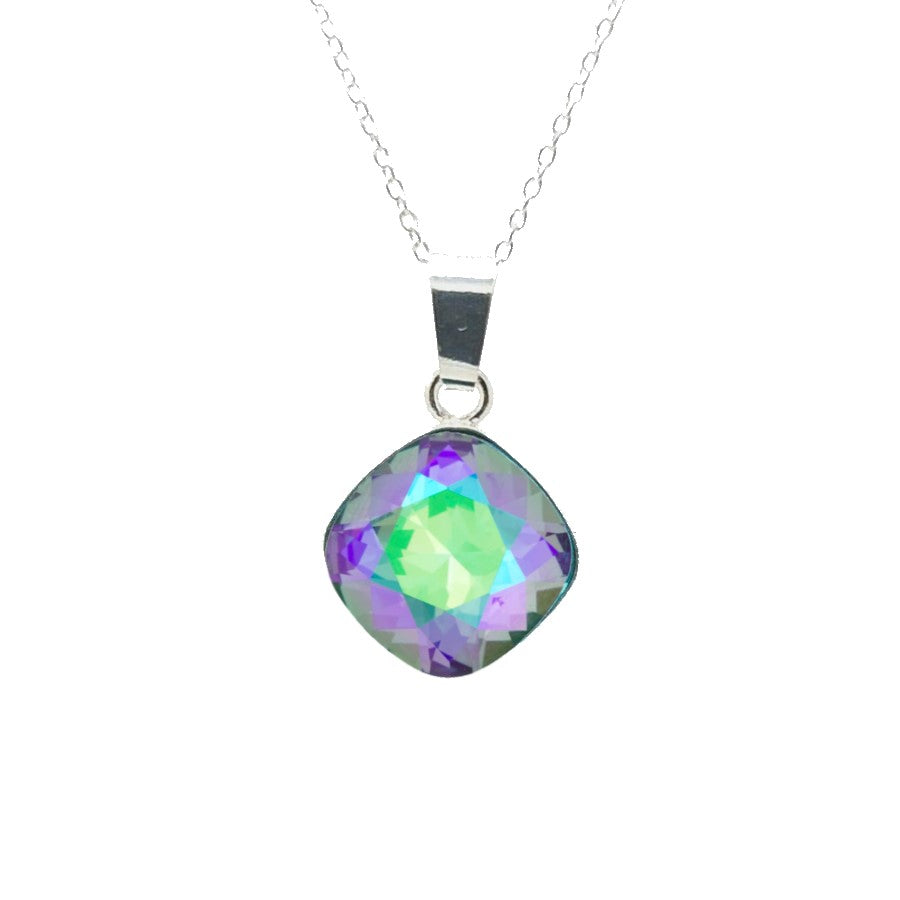 Close-up of Cushion-Cut Crystal Pendant on Fine Chain with Paradise Shine Cushion Crystal