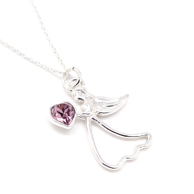 Protect My Heart Sterling Silver Angel Necklace with Personalised Birthstone Light Amethyst for June Birthdays