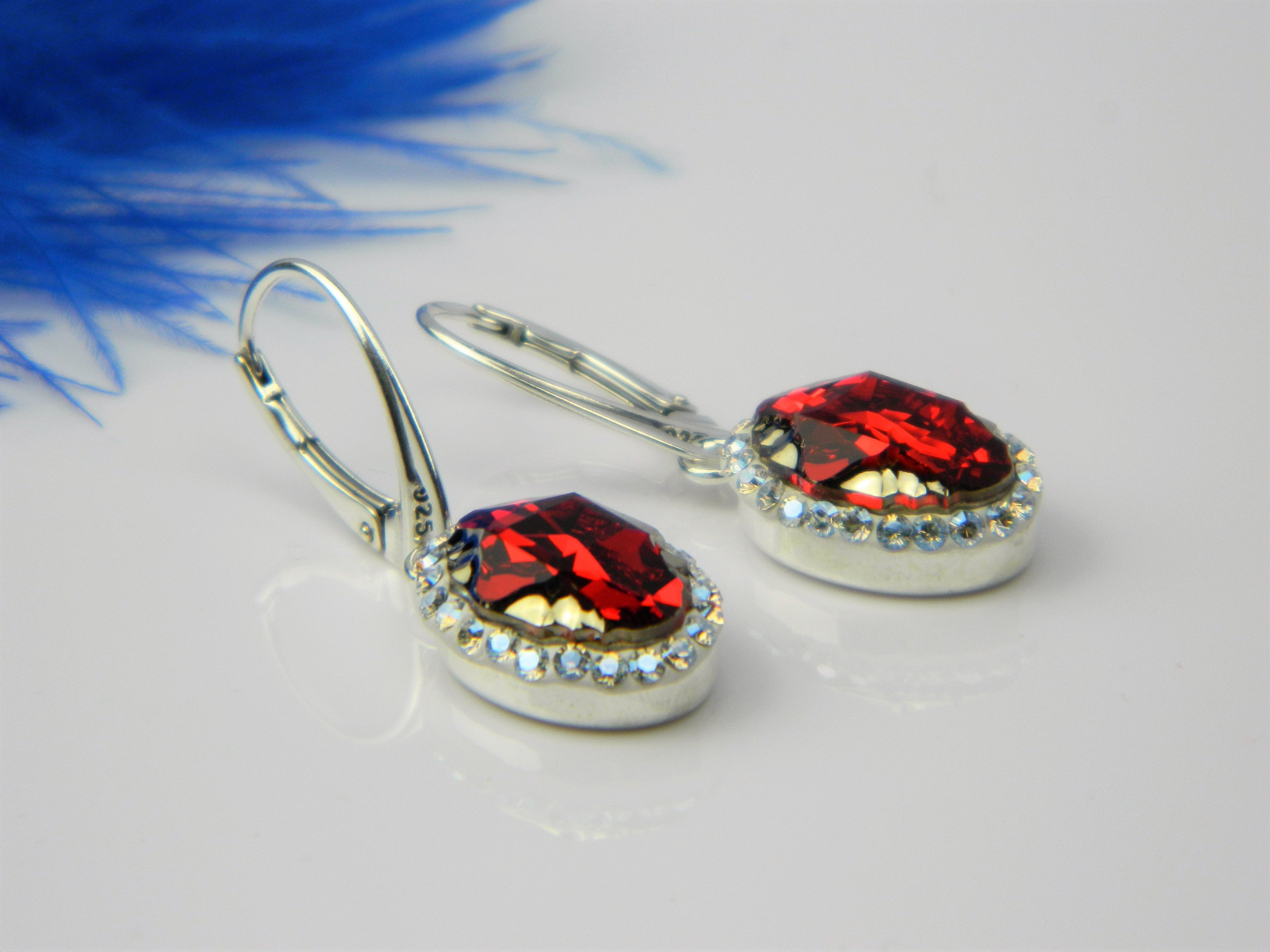 Elegant Red Oval Tribe Crystal Drop Earrings with Moonlight Halo in Sterling Silver