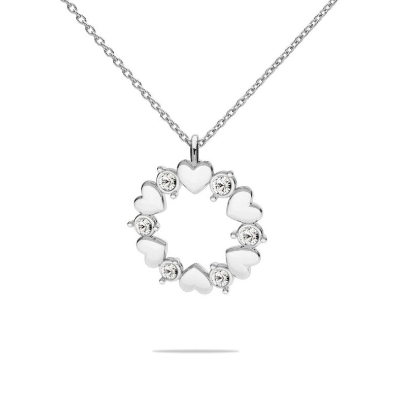 Radiant Rosette Sterling Silver Necklace with Delicate Rosette Pendant with Crystals and Silver Hearts