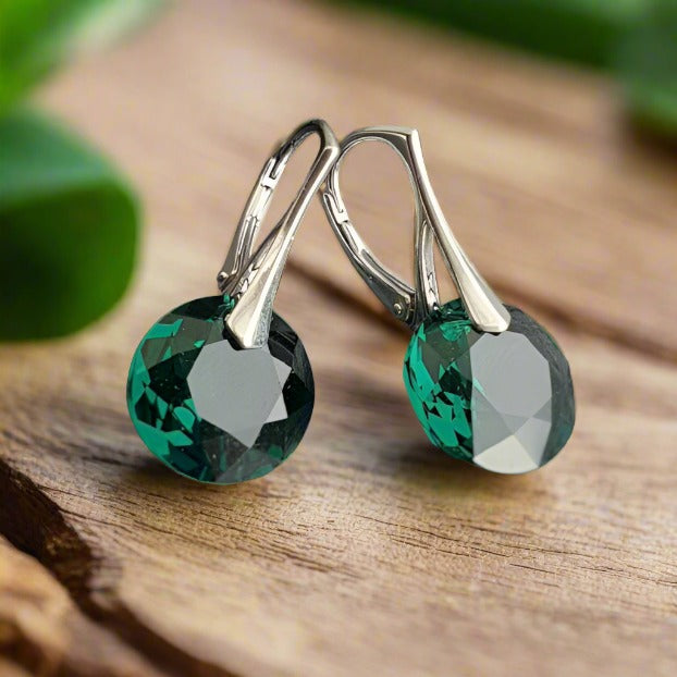 Round Birthstone Crystal Silver Leverback Earrings – 925 Sterling Silver with Emerald Green Birthstone Crystal for May or Taurus