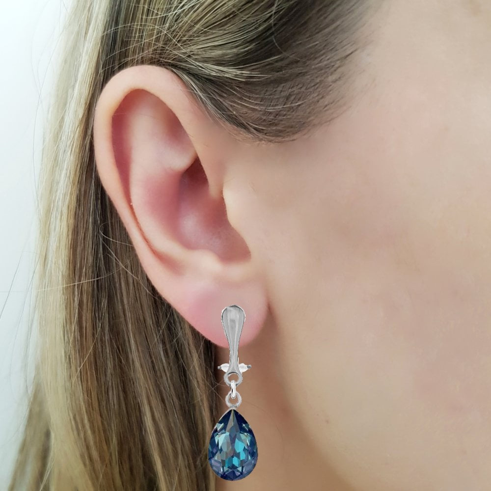 Royal Blue Pear-Shaped Clip-On Teardrop Earrings in Sterling Silver made in Ireland by Magpie Gems