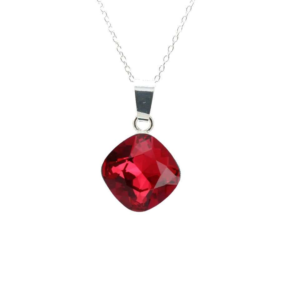 Close-up of Cushion-Cut Crystal Pendant on Fine Chain with Scarlet Red Cushion Crystal