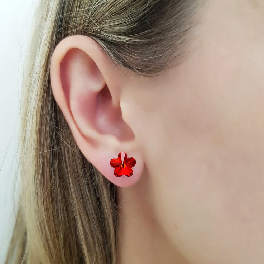 Handcrafted Sterling Silver Siam Red Sparkling Blossom Earrings